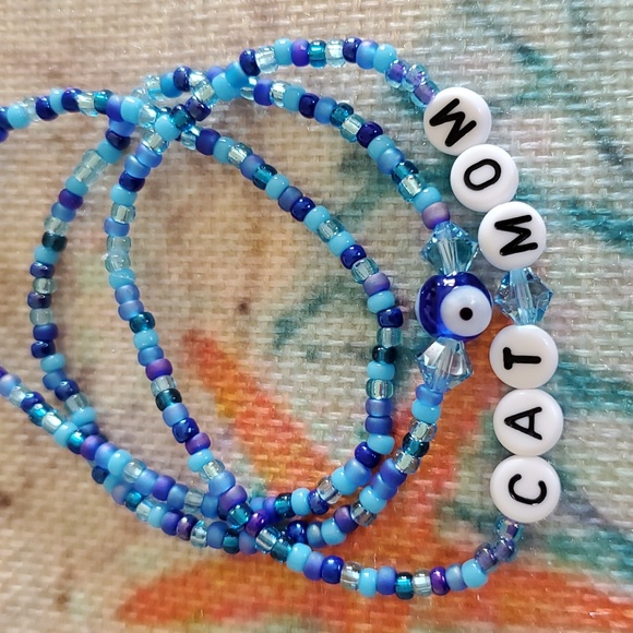 Seed Bead Stack Stretch Bracelets"Cat Mom" & "Evil Eye" Bracelets - Picture 5 of 16